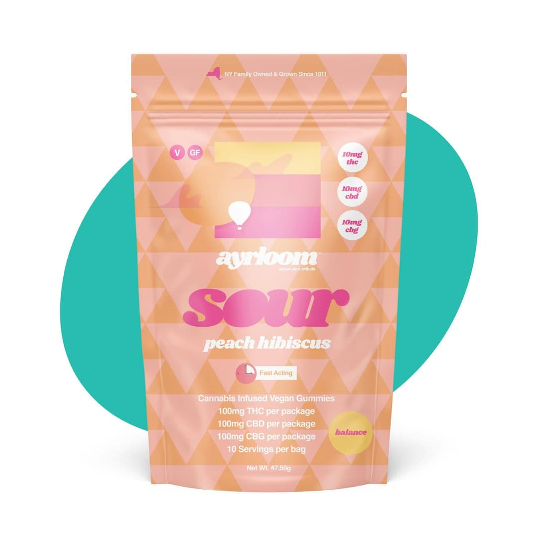 Ayrloom Sour Peach Hibiscus 1:1:1 THC/CBD/CBG • 10pk Gummies • 100mg - ayrloom | Treehouse Cannabis