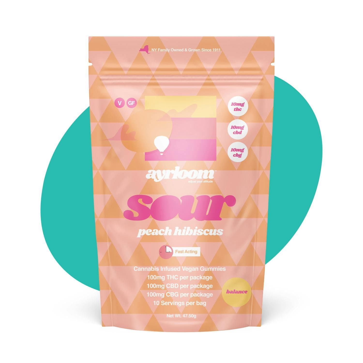 product image for Ayrloom Sour Peach Hibiscus 1:1:1 THC/CBD/CBG 10pk Gummies 100mg