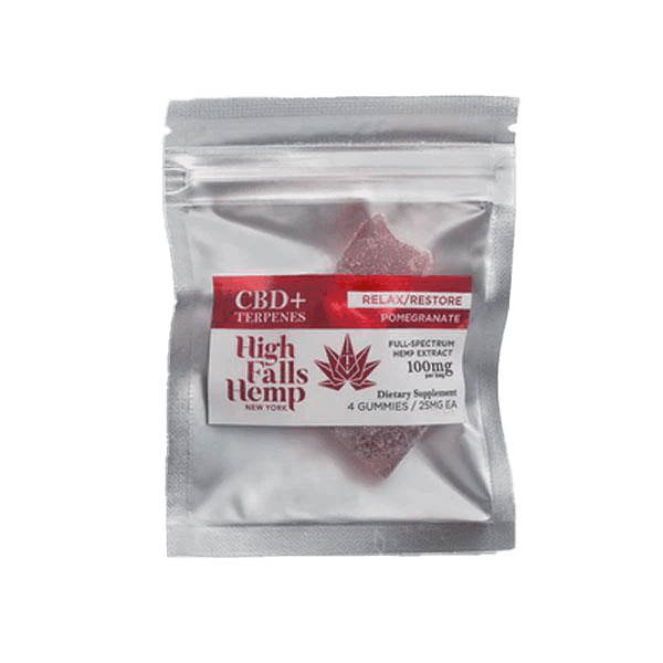 Relax/Restore Pomegranate Gummie • 4 Pack • 100mg CBD • 4mg THC - High Falls Hemp CBD | Treehouse Cannabis