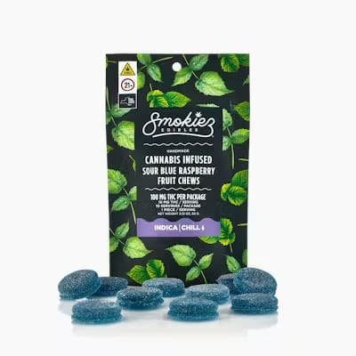 Sour Blue Raspberry Indica Fruit Chews THC: 100mg - Smokiez Edibles